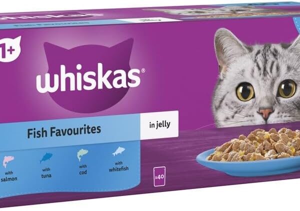 WHISKAS - 1+- Adult Wet Cat Food Pouches - 40 x 85 g - Fish in Jelly - Bulk Cat Food Megapack - 40 Pouches