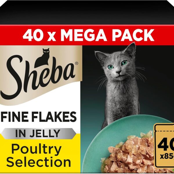 Sheba Fine Flakes in Jelly – Poultry Collection – Wet cat food pouches for adult cats – 40x85g pack