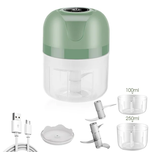 Electric Mini Garlic Chopper 1200mAh USB Charging Multi-Function Grinder 250ml Three-Blade Head & 100ml Two-Blade Head